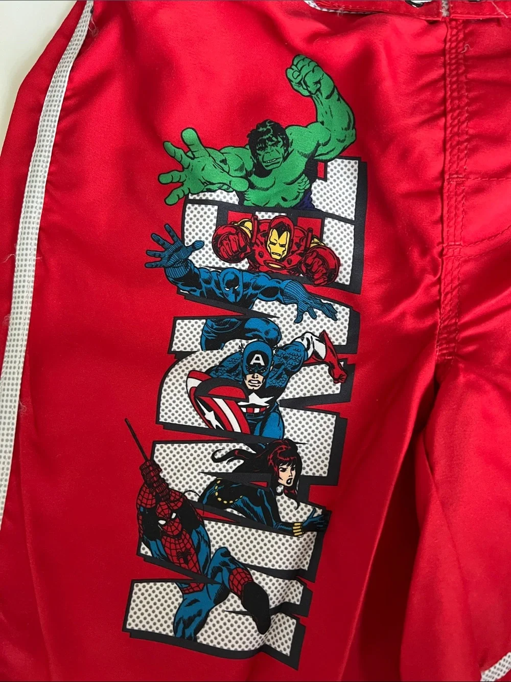 Disney Red Avengers Swim Trunks with Comic Character Panel